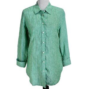 Talbots Linen Shirt Womens Size M Green White Stripe Long Sleeve Button Front